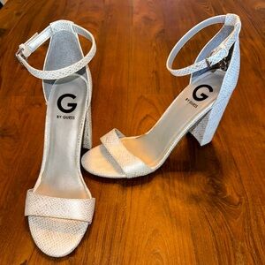 G by Guess Women’s Sliver and White Snakeskin Heels Size 8.5.